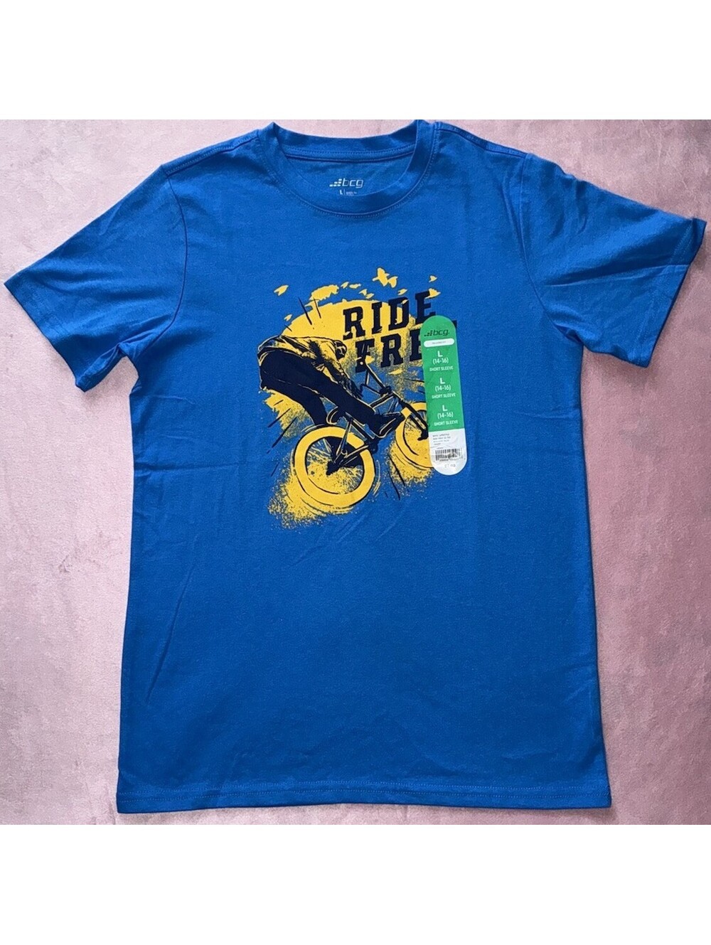 BCG Boys L 14-16 SS Blue - Ride Free - Shirt NWT